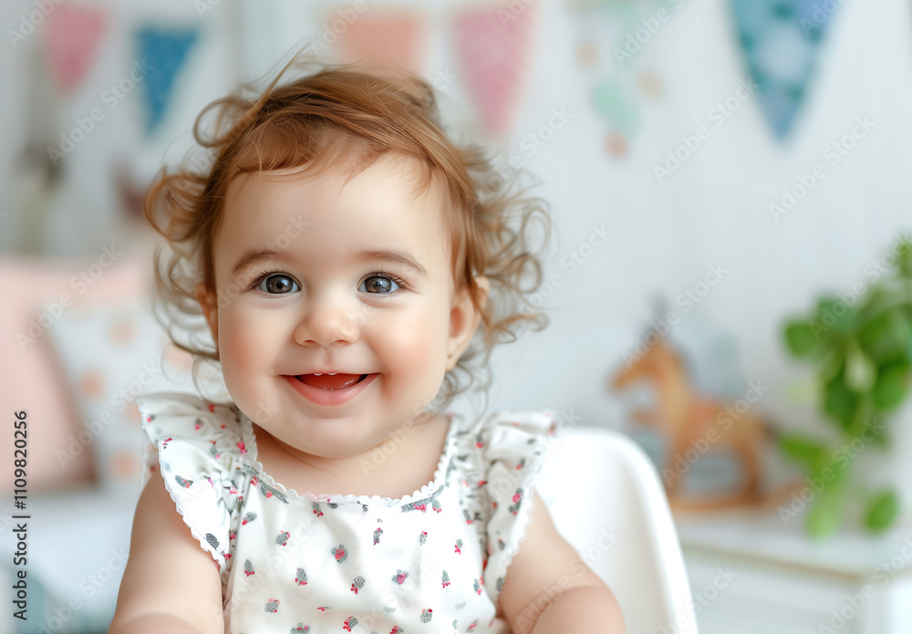 Adorable baby girl smiling in a bright room with colorful bunting, creating a joyful and heartwarming portrait Adorable baby girl smiling in a bright room with colorful bunting, creating a joyful and heartwarming portrait
