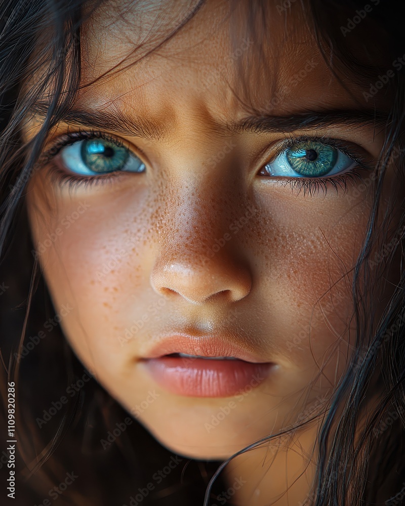 Fototapeta premium Sad olive-skinned girl with blue eyes crying in extreme close-up portrait during sunset
