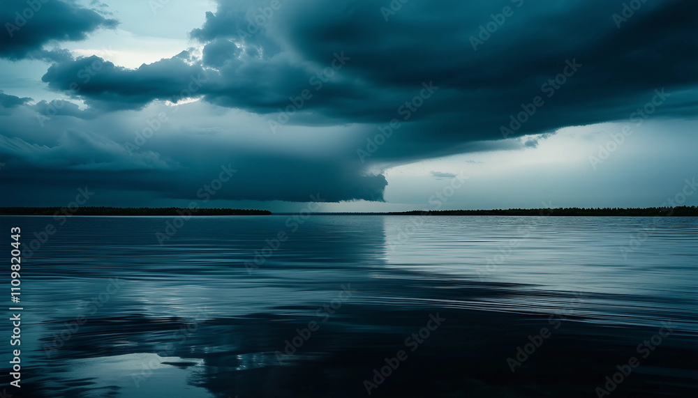 Obraz premium A dramatic cloudy sky over a body of water, with storm clouds forming in the distance. The water ref