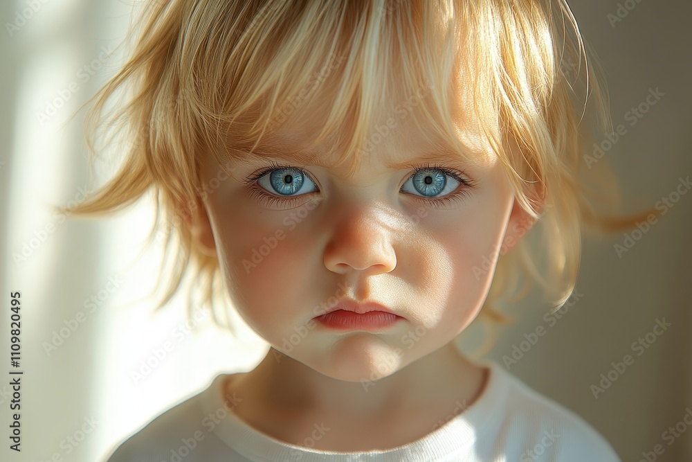 Baby displays strong emotions in soft yellow light with bright blue eyes and messy hair Baby displays strong emotions in soft yellow light with bright blue eyes and messy hair