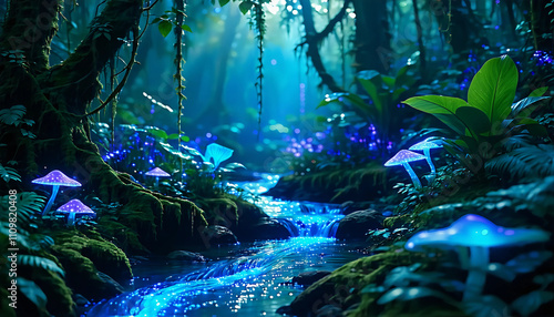 A dense jungle at night glowing with bioluminescent plants, mushrooms, and vines. The scene is illum photo