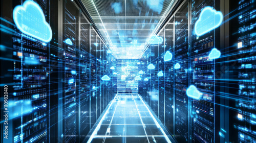 Futuristic data center with digital cloud icons and glowing connections.