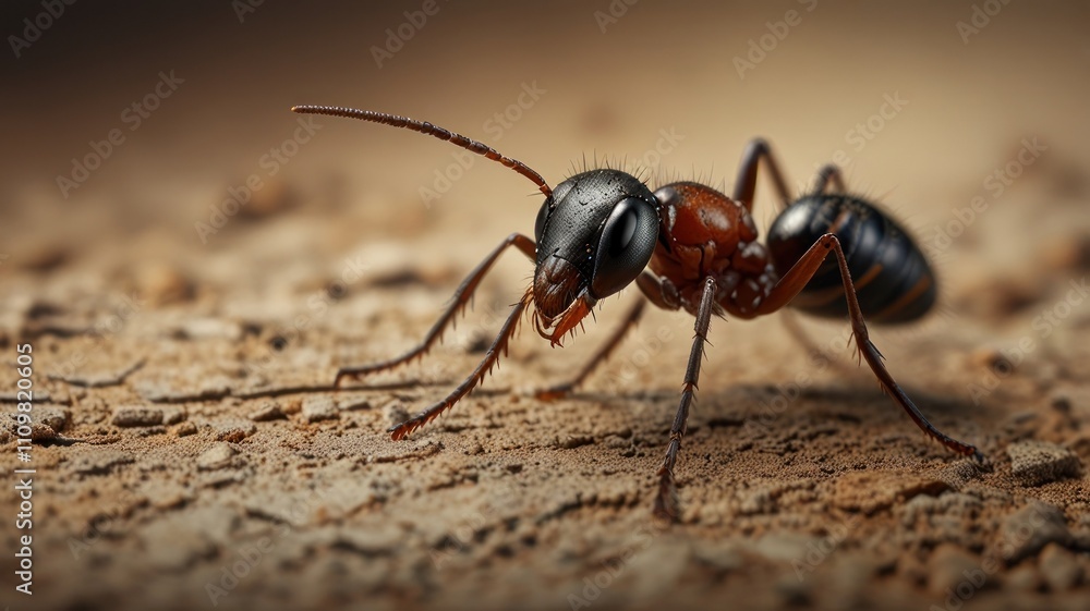 Close-up of a black carpenter ant on dirt. Close-up of a black carpenter ant on dirt.