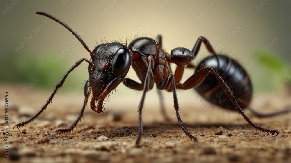 Close-up of a large black ant on soil. Close-up of a large black ant on soil.
