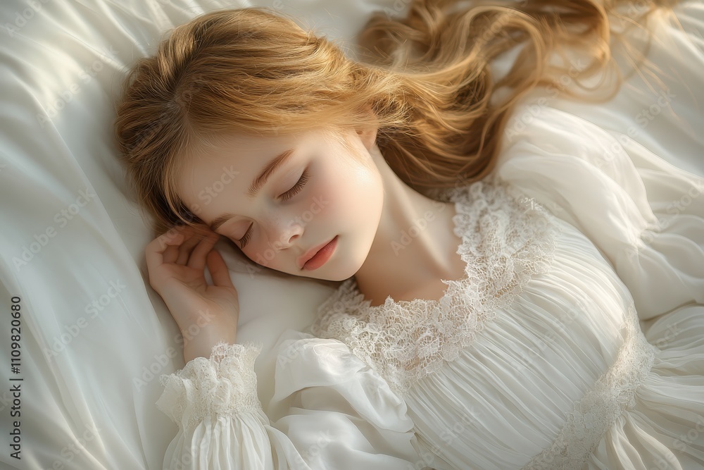 Sleeping girl resting peacefully on white sheets in a serene environment during the day Sleeping girl resting peacefully on white sheets in a serene environment during the day