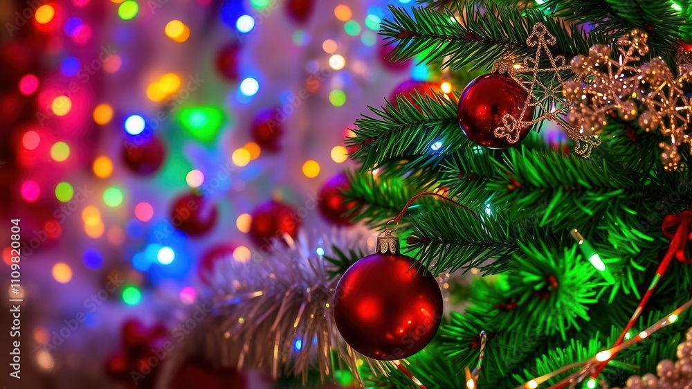 A close-up shot of a beautifully decorated Christmas tree, cozy, tinsel, seasonal A close-up shot of a beautifully decorated Christmas tree, cozy, tinsel, seasonal