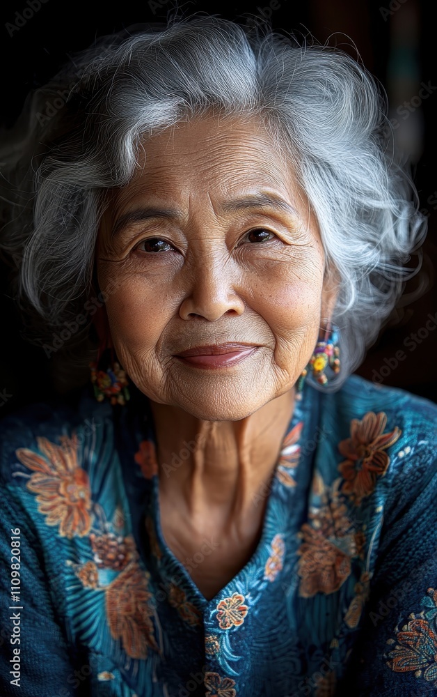 Portrait of a serene elderly Asian woman with a warm smile in traditional attire Portrait of a serene elderly Asian woman with a warm smile in traditional attire