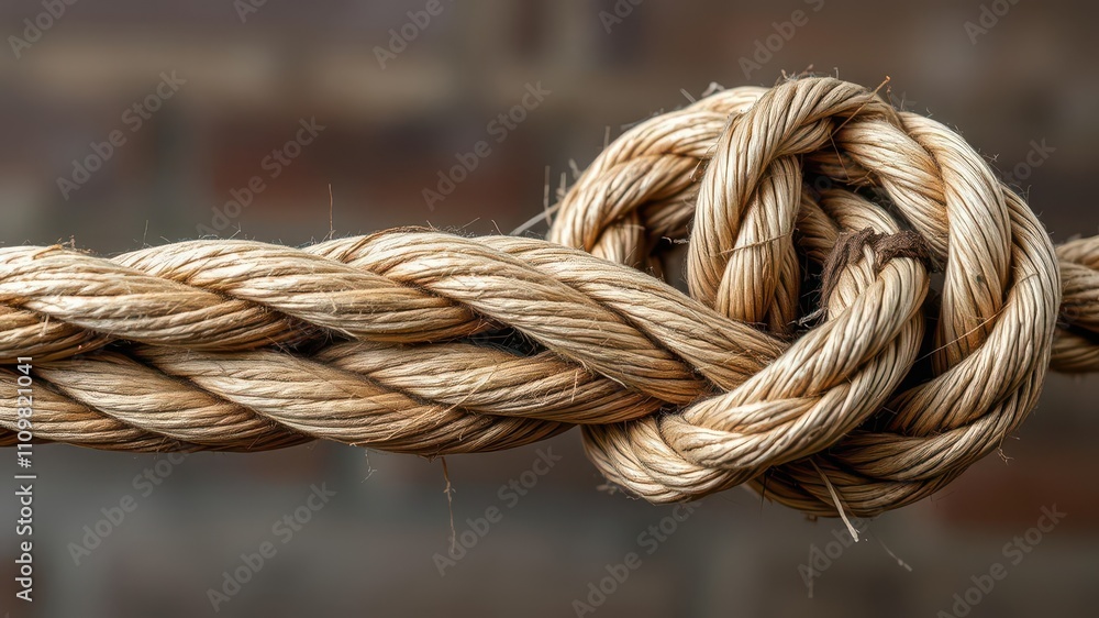 A frayed rope under intense pressure, showing signs of stress and breakage, frayed, rope A frayed rope under intense pressure, showing signs of stress and breakage, frayed, rope