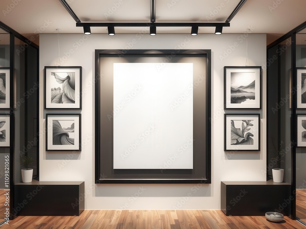 A hanging poster mockup displayed in a modern interior setting, space, showcase, realistic A hanging poster mockup displayed in a modern interior setting, space, showcase, realistic