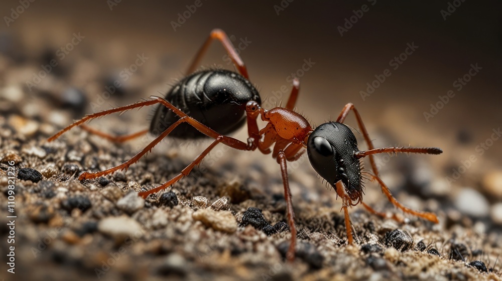 Close-up of a red and black ant on ground. Close-up of a red and black ant on ground.