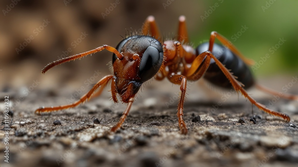 Close-up of a reddish-brown ant on dark wood. Close-up of a reddish-brown ant on dark wood.