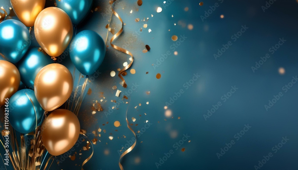 A festive holiday background with golden and blue metallic balloons, shimmering confetti, and elegant ribbons. Perfect for birthday parties, anniversaries, New Year, Christmas, or other celebrations. A festive holiday background with golden and blue metallic balloons, shimmering confetti, and elegant ribbons. Perfect for birthday parties, anniversaries, New Year, Christmas, or other celebrations.
