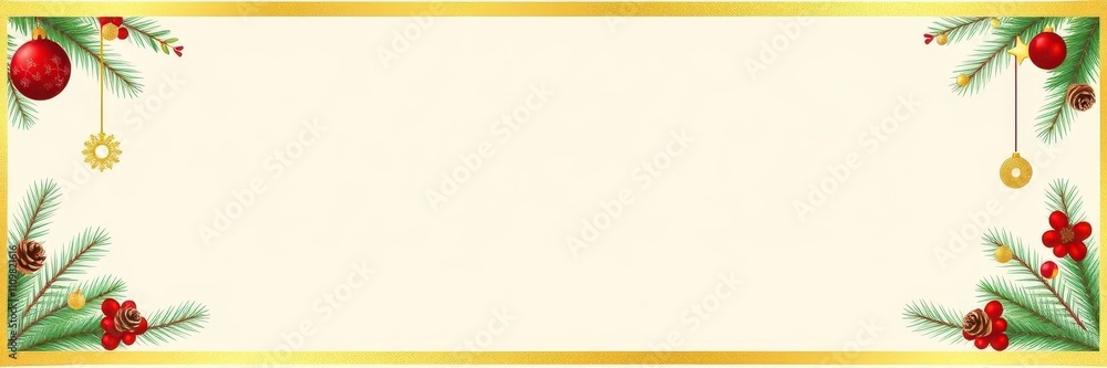 Obraz premium Christmas border with lush green fir branches, adorned with shiny pine cones and golden accents, gold, background, holiday