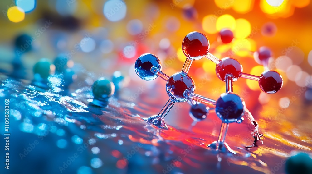 Microscopic 3D model of molecule structure on reflective surface with bokeh lights. Microscopic 3D model of molecule structure on reflective surface with bokeh lights.