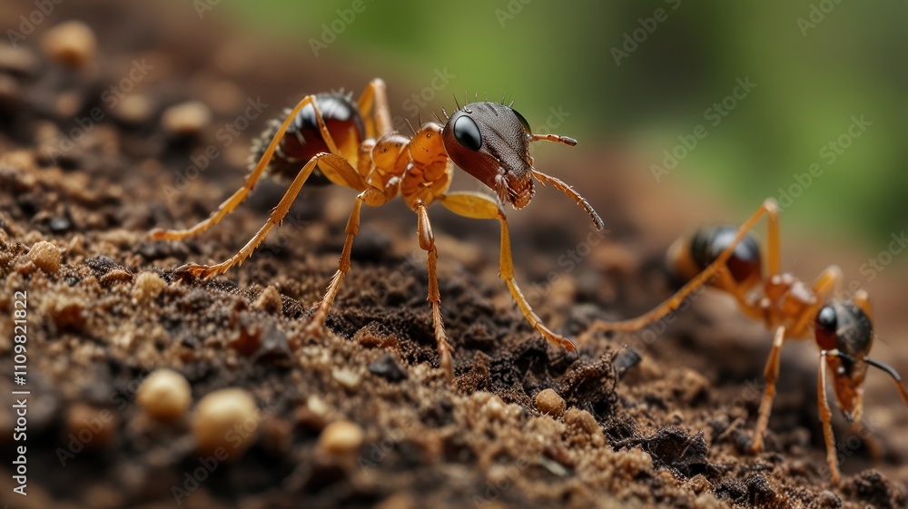 Macro close-up of two reddish-brown ants on dark soil. Macro close-up of two reddish-brown ants on dark soil.