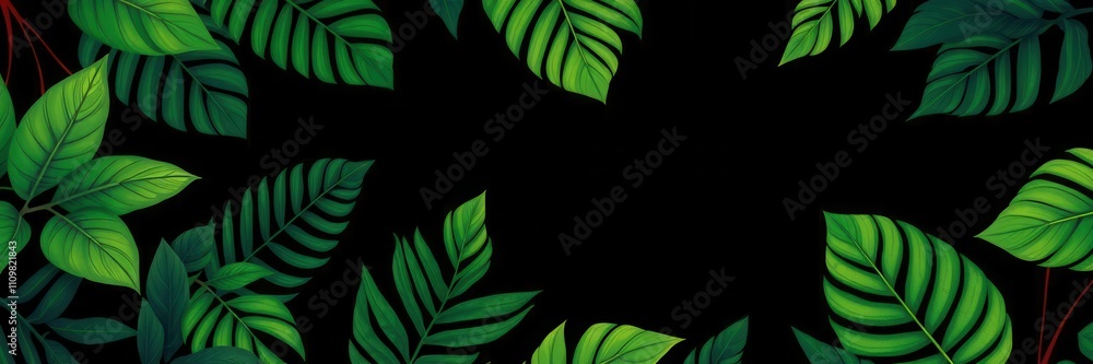 Fototapeta premium Dark pattern featuring vibrant exotic leaves on a black background, lush, foliage