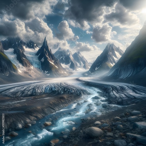 Melting glacier with a small stream of water flowing through it