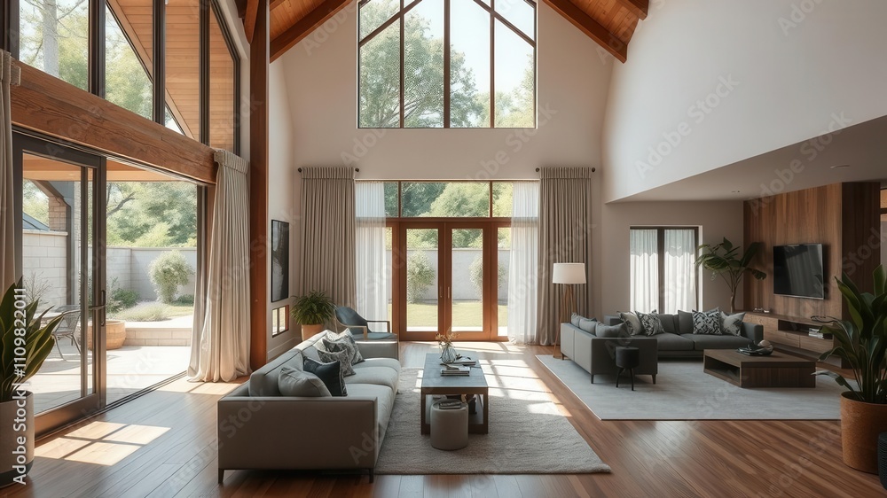 Elegant interior design with seamless transition to outdoor living space, modern, contemporary Elegant interior design with seamless transition to outdoor living space, modern, contemporary