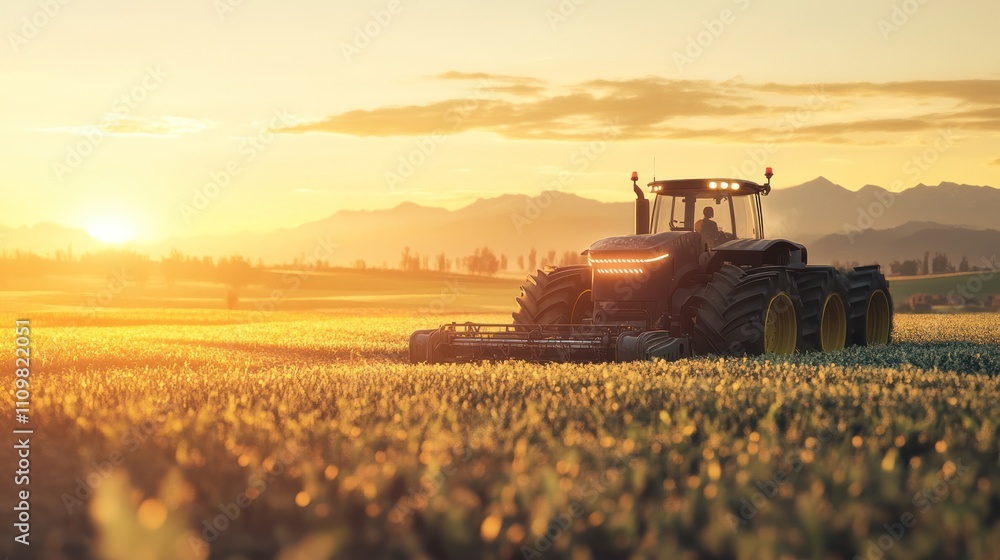 Fototapeta premium Autonomous tractor working on a remote farm field, futuristic farming scene, 