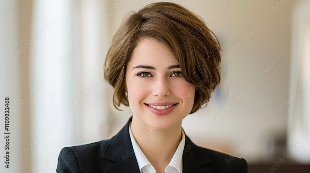 Confident young businesswoman stands poised in a sleek office hall, radiating professionalism and ambition. Confident young businesswoman stands poised in a sleek office hall, radiating professionalism and ambition.