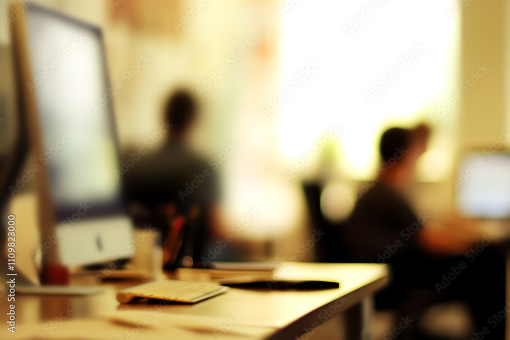 Casual business office environment with blurred people and a soft bokeh background, evoking a relaxed and professional workspace Casual business office environment with blurred people and a soft bokeh background, evoking a relaxed and professional workspace