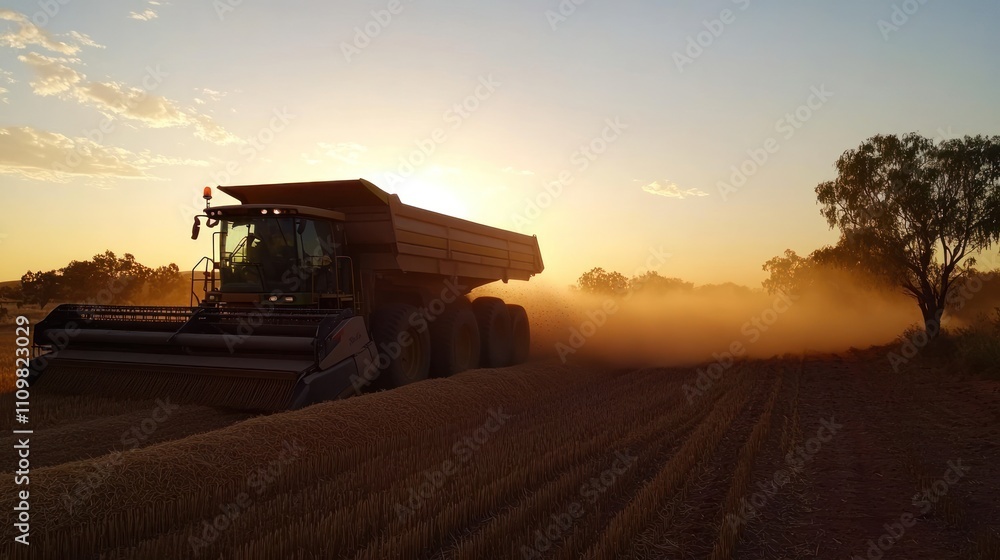 Fototapeta premium Combine harvester unloading grain into a truck, mid-action, dust, golden sunset, 
