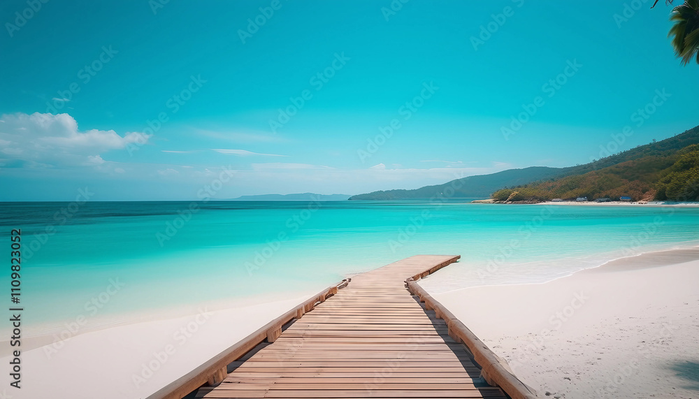 Fototapeta premium A calm beach scene with a wooden walkway leading to a pristine, white sandy beach. The ocean is a ca