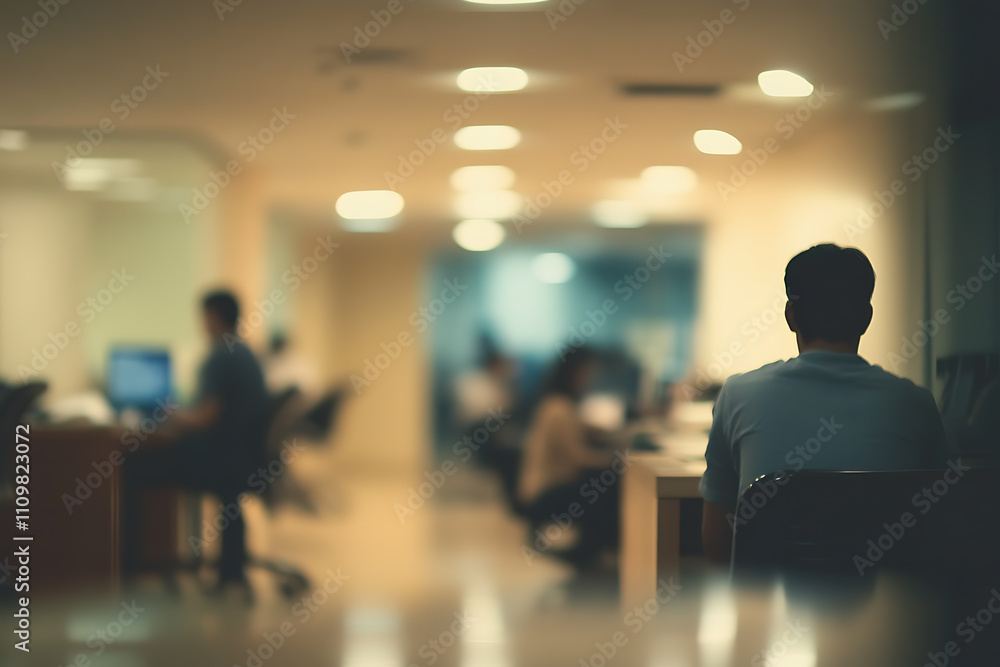 Casual business office environment with blurred people and a soft bokeh background, evoking a relaxed and professional workspace Casual business office environment with blurred people and a soft bokeh background, evoking a relaxed and professional workspace