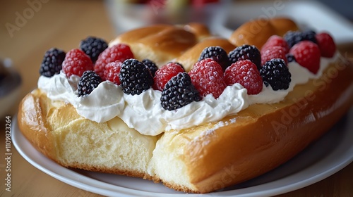 Delicious pastry topped with whipped cream and berries.