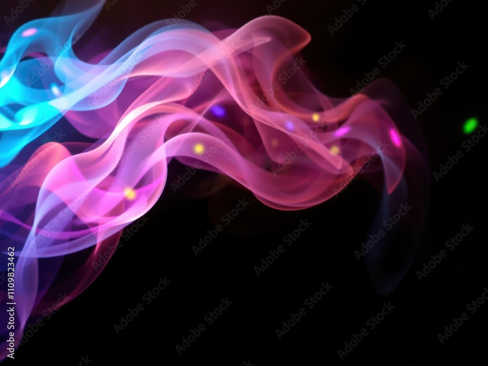 Rotation of colorful smoke veils swirling under bright lights against a black backdrop, colorful, atmosphere Rotation of colorful smoke veils swirling under bright lights against a black backdrop, colorful, atmosphere