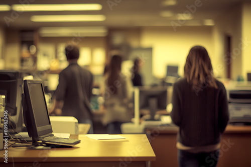 Casual business office environment with blurred people and a soft bokeh background, evoking a relaxed and professional workspace