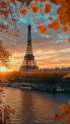 Breathtaking Sunset View of the Eiffel Tower Over the Seine River Under Autumn Skies