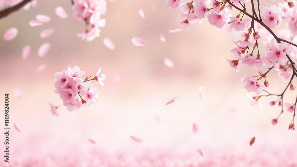 Naklejka premium Soft pink sakura petals gently falling against a blurred background creating a dreamy and romantic atmosphere, dreamy, romantic