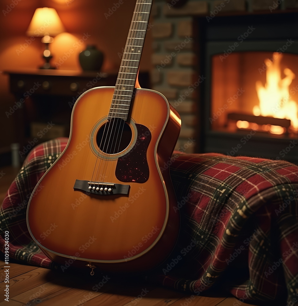 Fototapeta premium Acoustic guitar in cozy room with fireplace