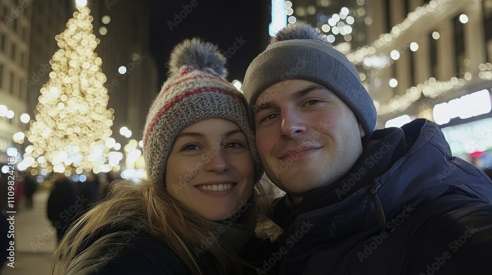 Cheerful Couple Embraces Festive Spirit in City Center with Beautiful Christmas Tree and Illuminated Decorations on a Winter Evening Cheerful Couple Embraces Festive Spirit in City Center with Beautiful Christmas Tree and Illuminated Decorations on a Winter Evening