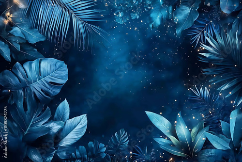 Wallpaper Mural Futuristic tropical foliage plants in blue tones, set against a cosmic space backdrop with stars, creating a tranquil and surreal atmosphere Torontodigital.ca