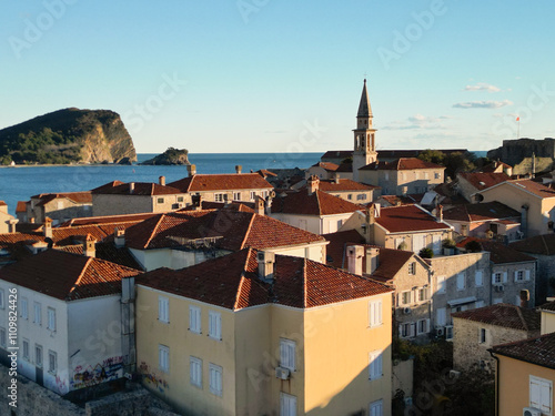  ancient venetian seaside town - aerial drone shot, budva photo