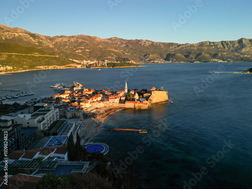  ancient venetian seaside town - aerial drone shot, budva photo