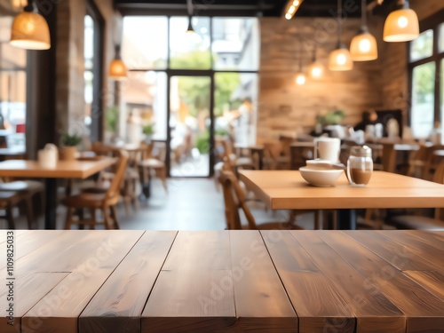 Blurred Cozy Cafe Interior with Wooden Table in Focus