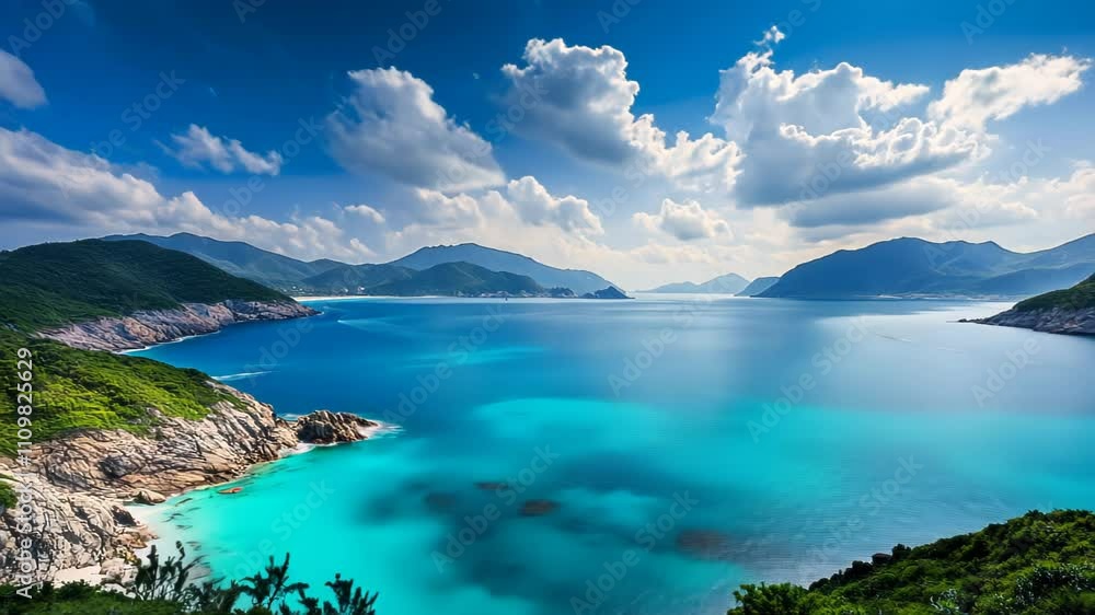 Serene coastal landscape with vibrant blue waters and dramatic clouds. Serene coastal landscape with vibrant blue waters and dramatic clouds.