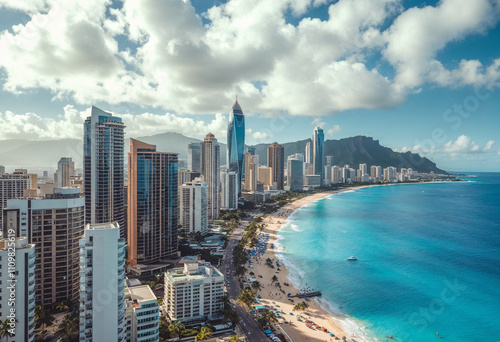 Stunning aerial view of Honolulu's coastline showcasing urban skyline, sandy beach, and turquoise waters under a bright blue sky in the afternoon light