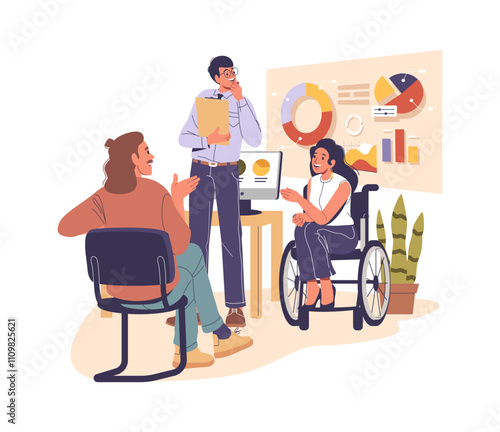 People office workers brainstorming in office showcasing resilience to colleague with disability
