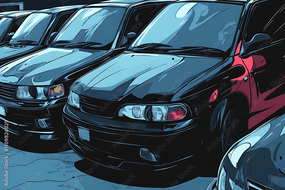 A lineup of black cars parked closely together, showcasing their sleek designs. A lineup of black cars parked closely together, showcasing their sleek designs.