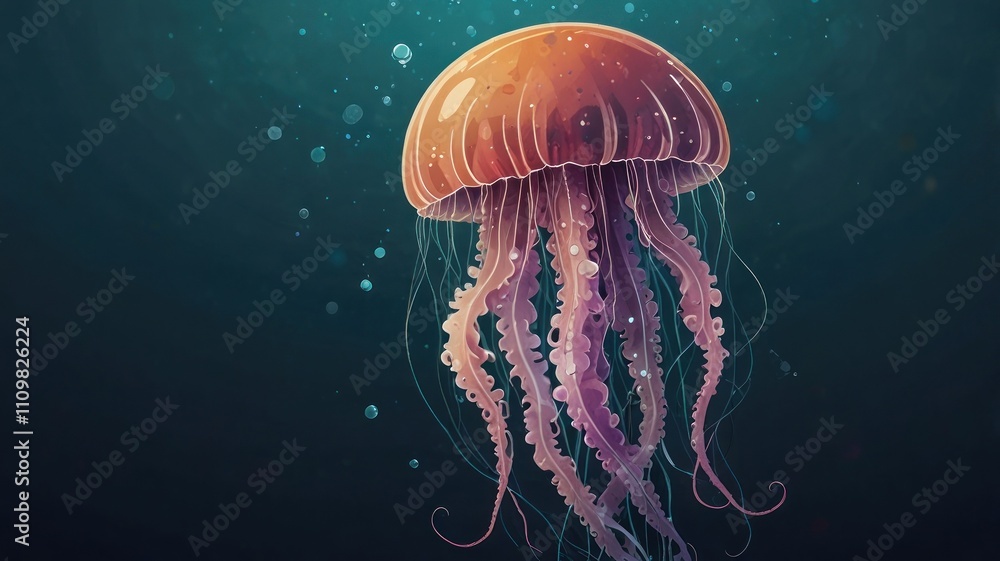 Obraz premium Orange jellyfish with purple tentacles in dark water.