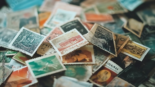 A colorful pile of vintage postage stamps with various designs and countries of origin.