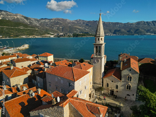  ancient venetian seaside town - aerial drone shot, budva photo