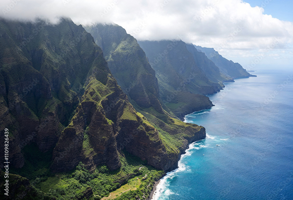 Majestic Na Pali Coast views at midday showcasing lush green cliffs and turquoise waters along the north shore of Kauai, Hawaii Majestic Na Pali Coast views at midday showcasing lush green cliffs and turquoise waters along the north shore of Kauai, Hawaii