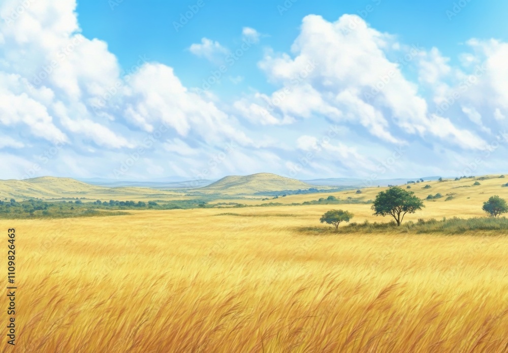 Anime-style wide expanse of savanna grassland with a few trees and hills in the background Anime-style wide expanse of savanna grassland with a few trees and hills in the background