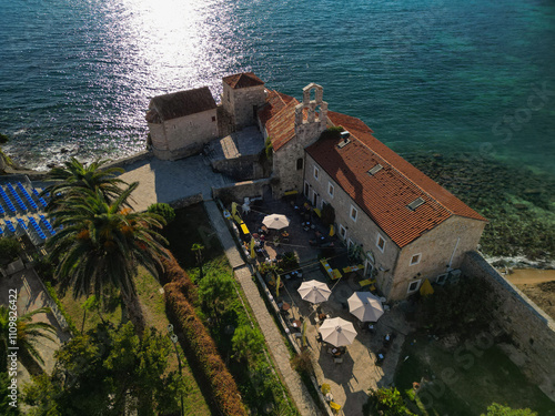  ancient venetian seaside town - aerial drone shot, budva photo