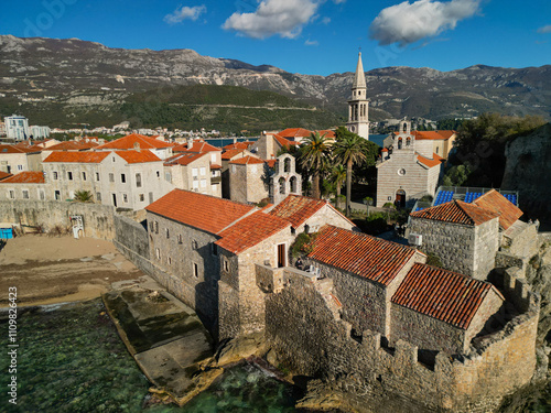  ancient venetian seaside town - aerial drone shot, budva photo